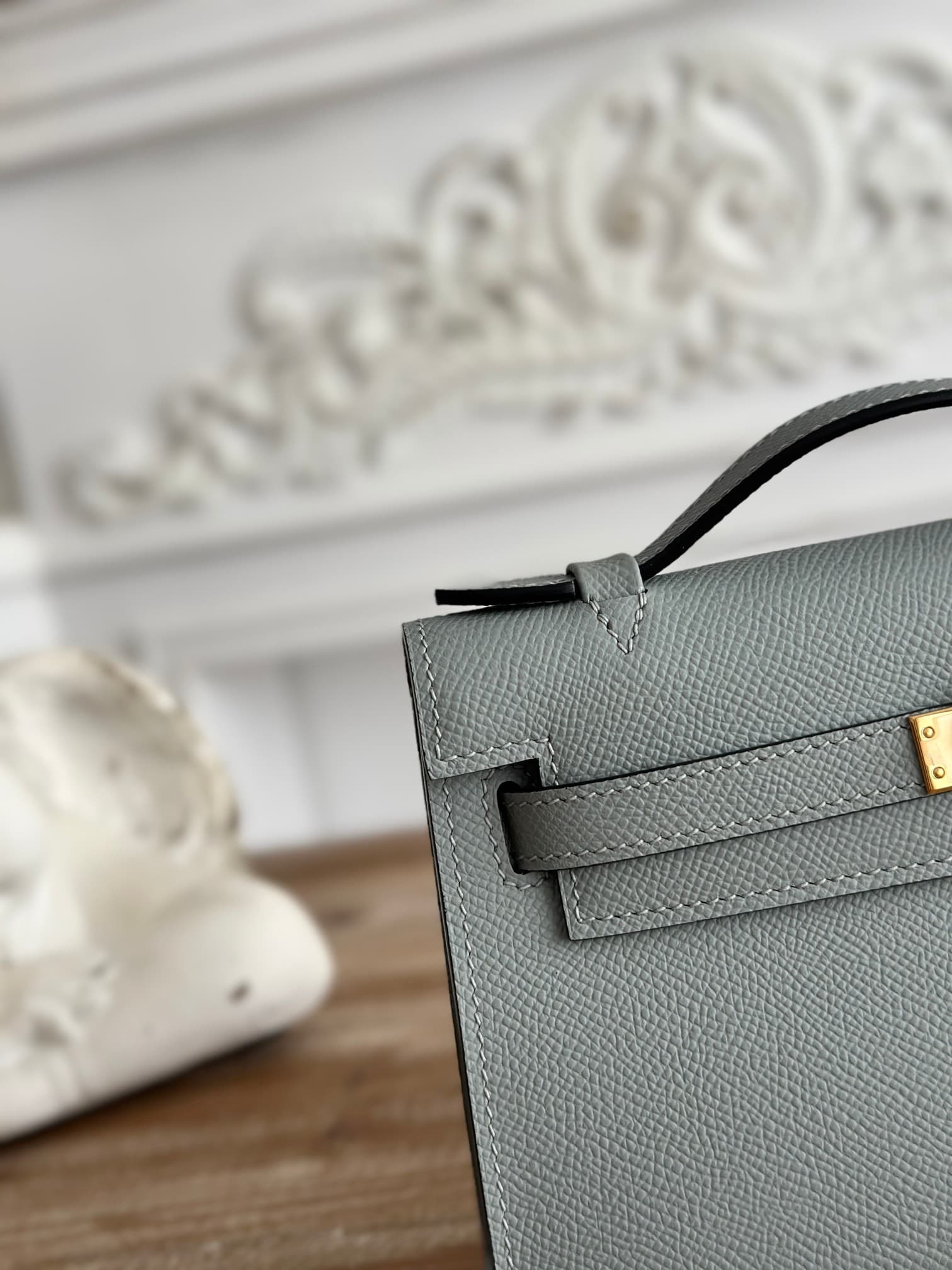 Hermes Kelly Pochette Bag Epsom Leather Silver/Gold Metal Gris Meyer WAX High