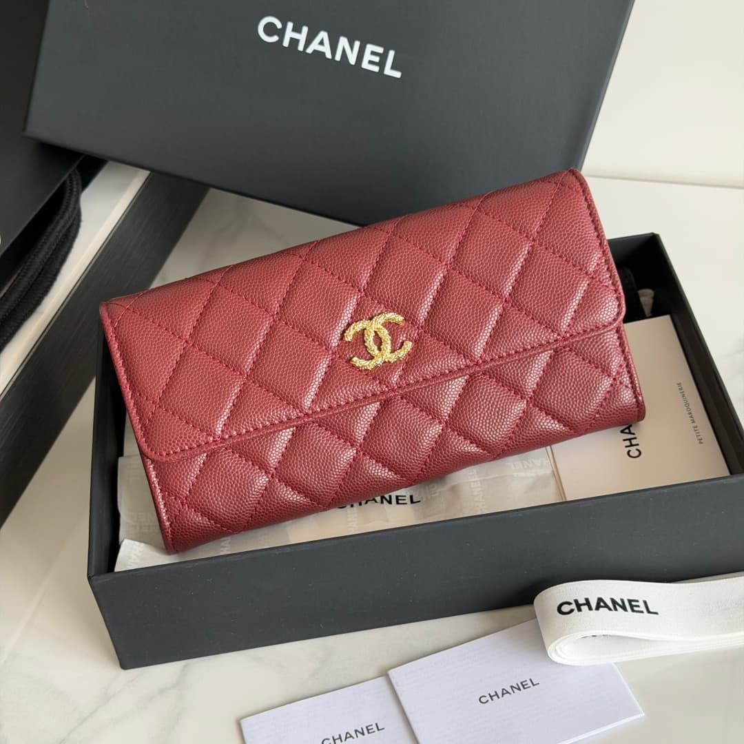 Chanel Wallet Shiny Grained Calfskin Strass & Gold-Tone Metal Red AP5076 High