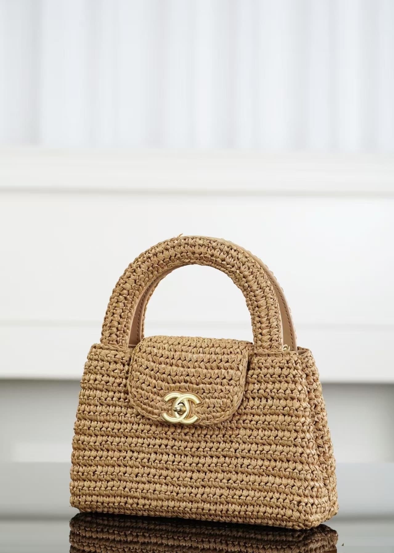 Chanel Mini Shopping Bag Braided Raffia & Gold-Tone Metal Dark Beige AS4416 TOP