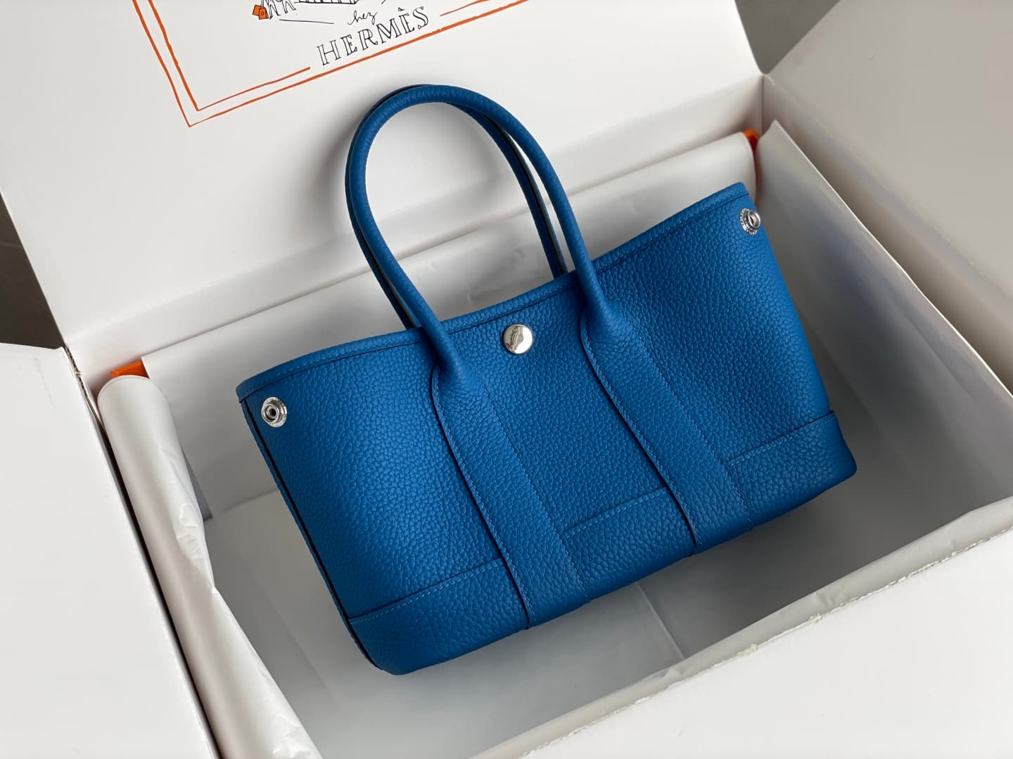 Hermes Garden Party 23 bag in Blue Hydra Togo Leather WAX High