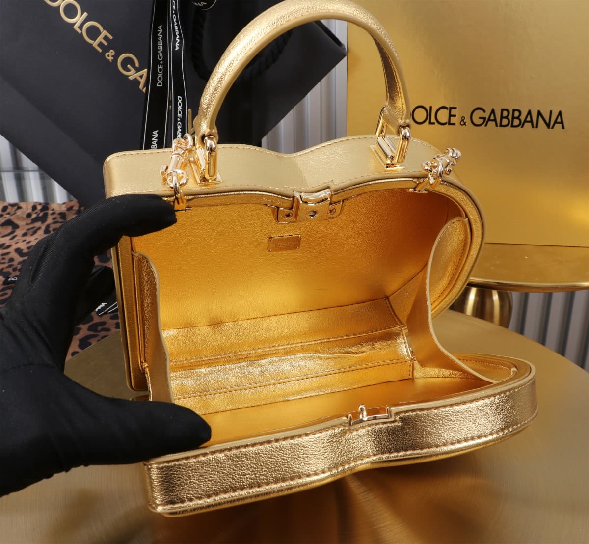Dolce & Gabbana Gold leather DG Logo handbag high
