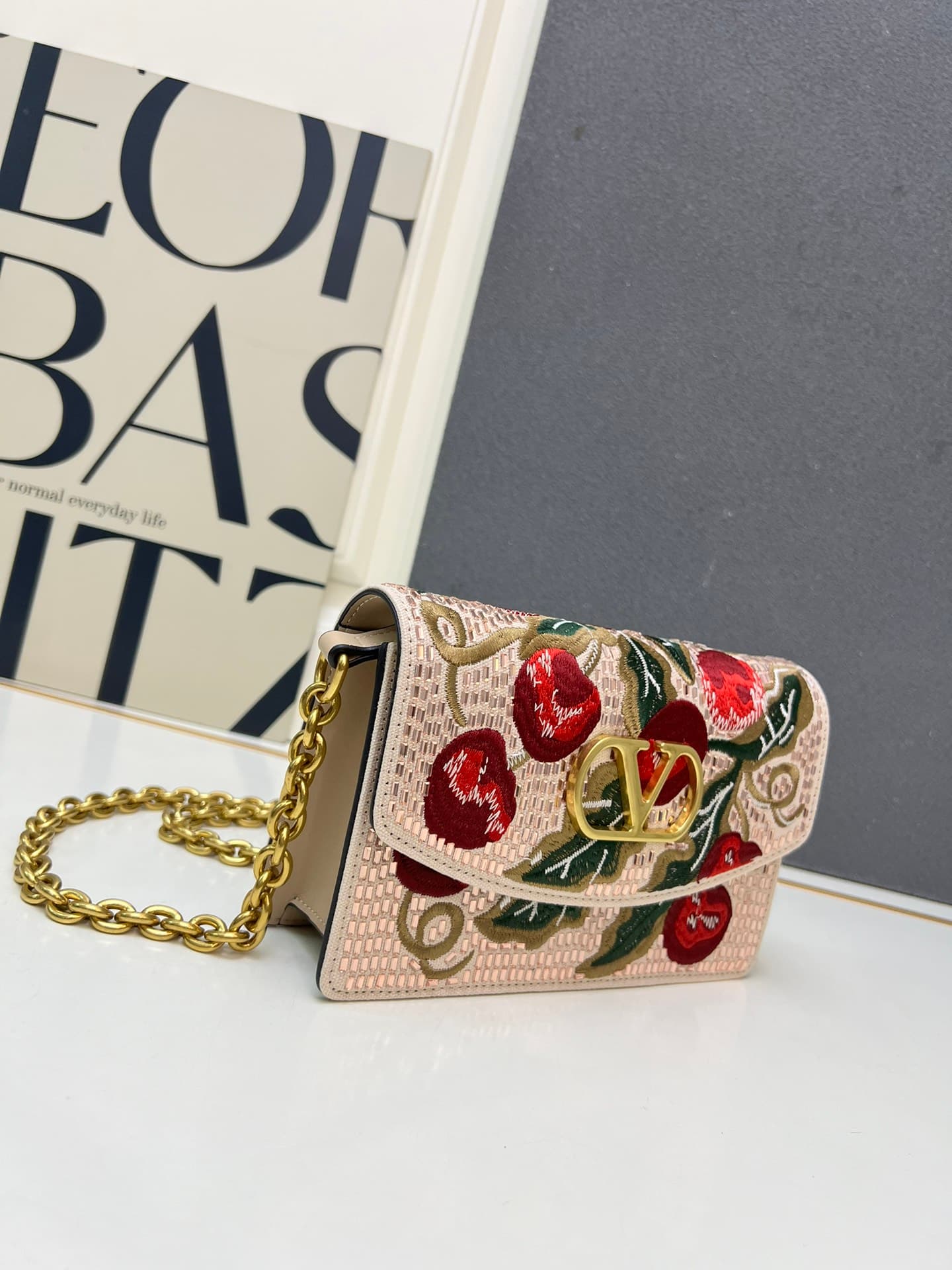Valentino Garavani Vain Embroidered Shoulder Clutch With Cherryfic Pattern Mid