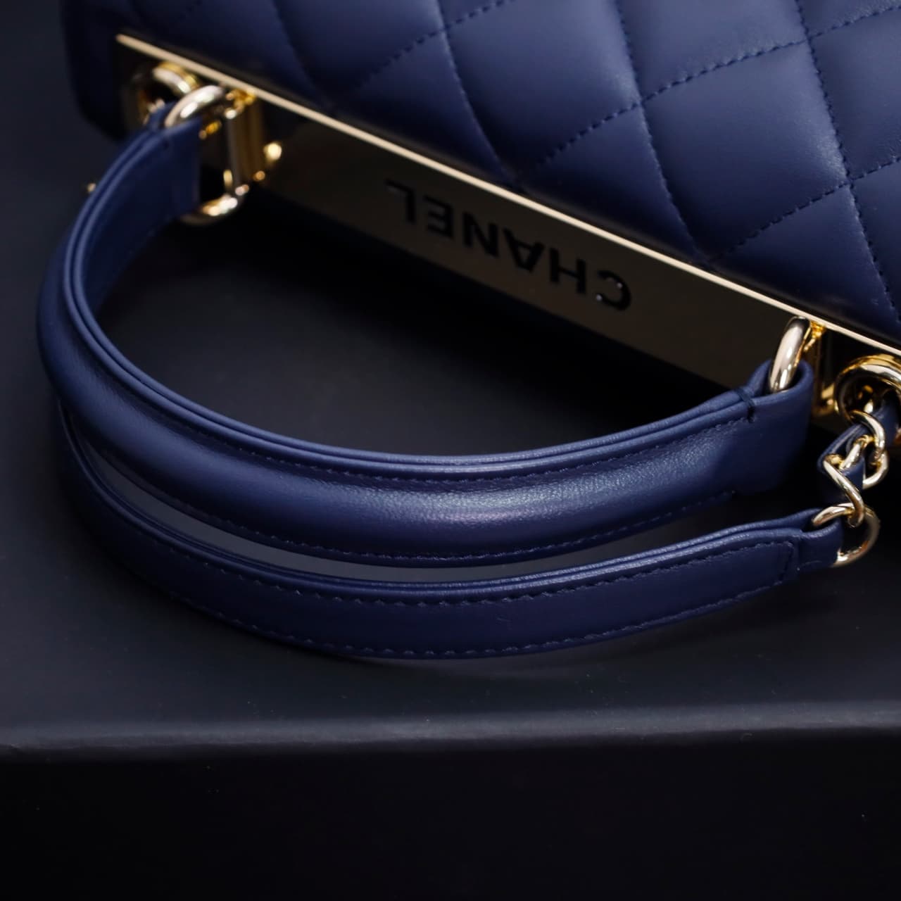 SMALL FLAP BAG WITH TOP HANDLE Lambskin Gold Metal Dark Blue A