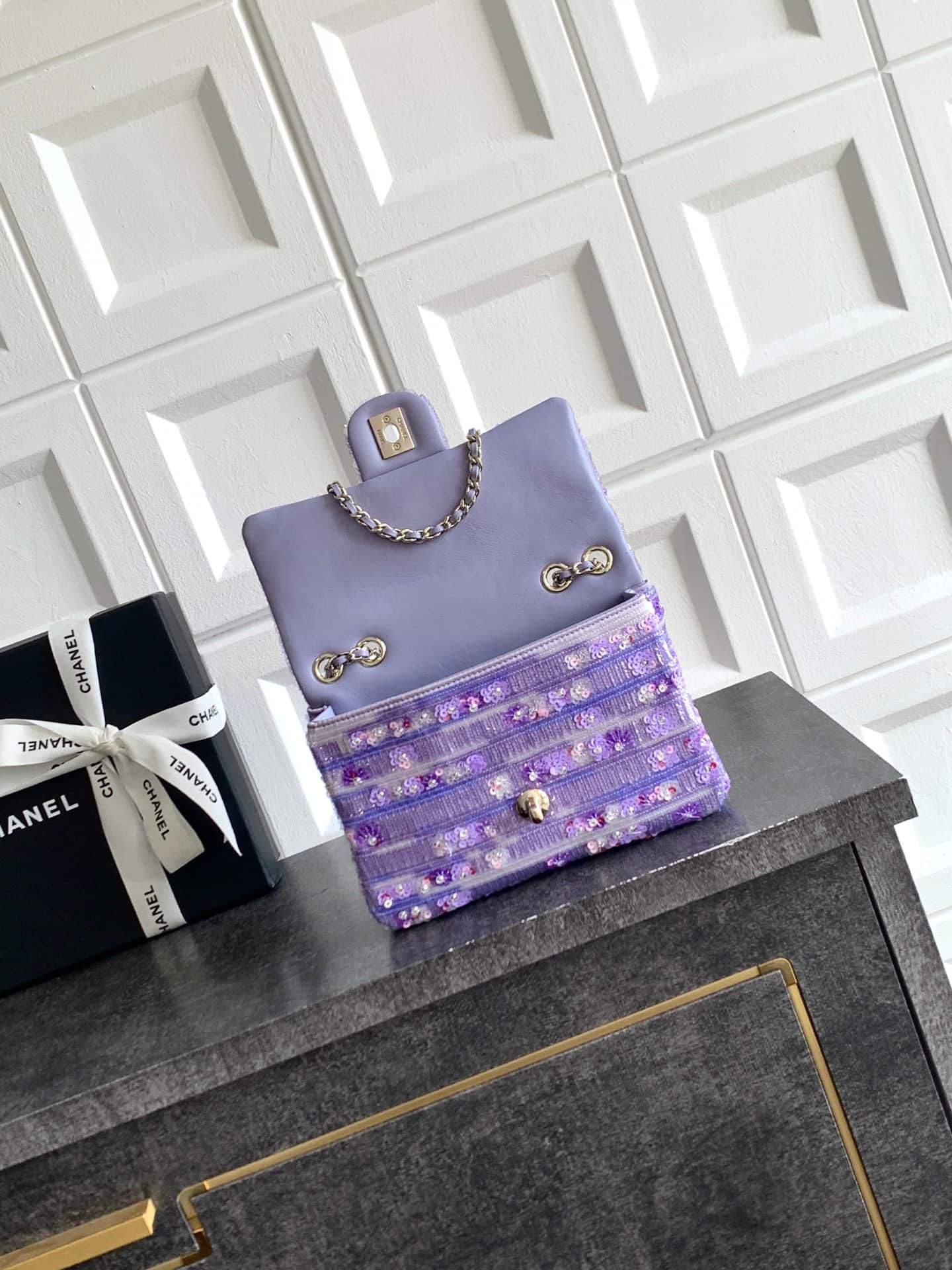 Chanel Classic Mini Flap Bag Sequin Embroidery & Gold-Tone Metal Purple 6171 A
