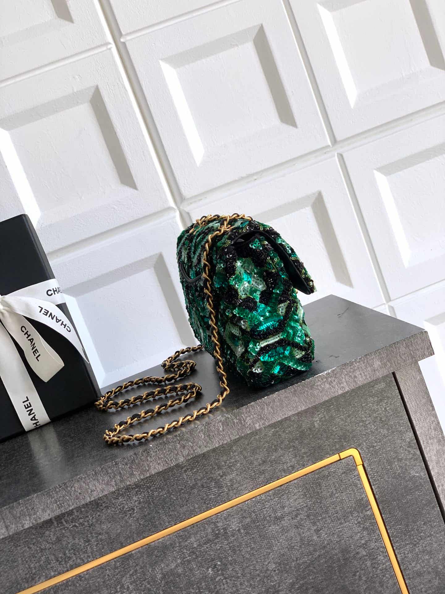 Chanel Classic Mini Flap Bag Sequins Embroidery & Gold-Tone Metal Green 6171 A