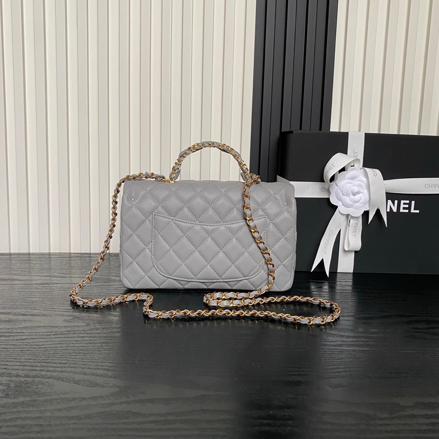 Chanel Small Flap Bag with Top Handle Grained Shiny Calfskin &  Gold-Tone Metal Grey AS5702 A