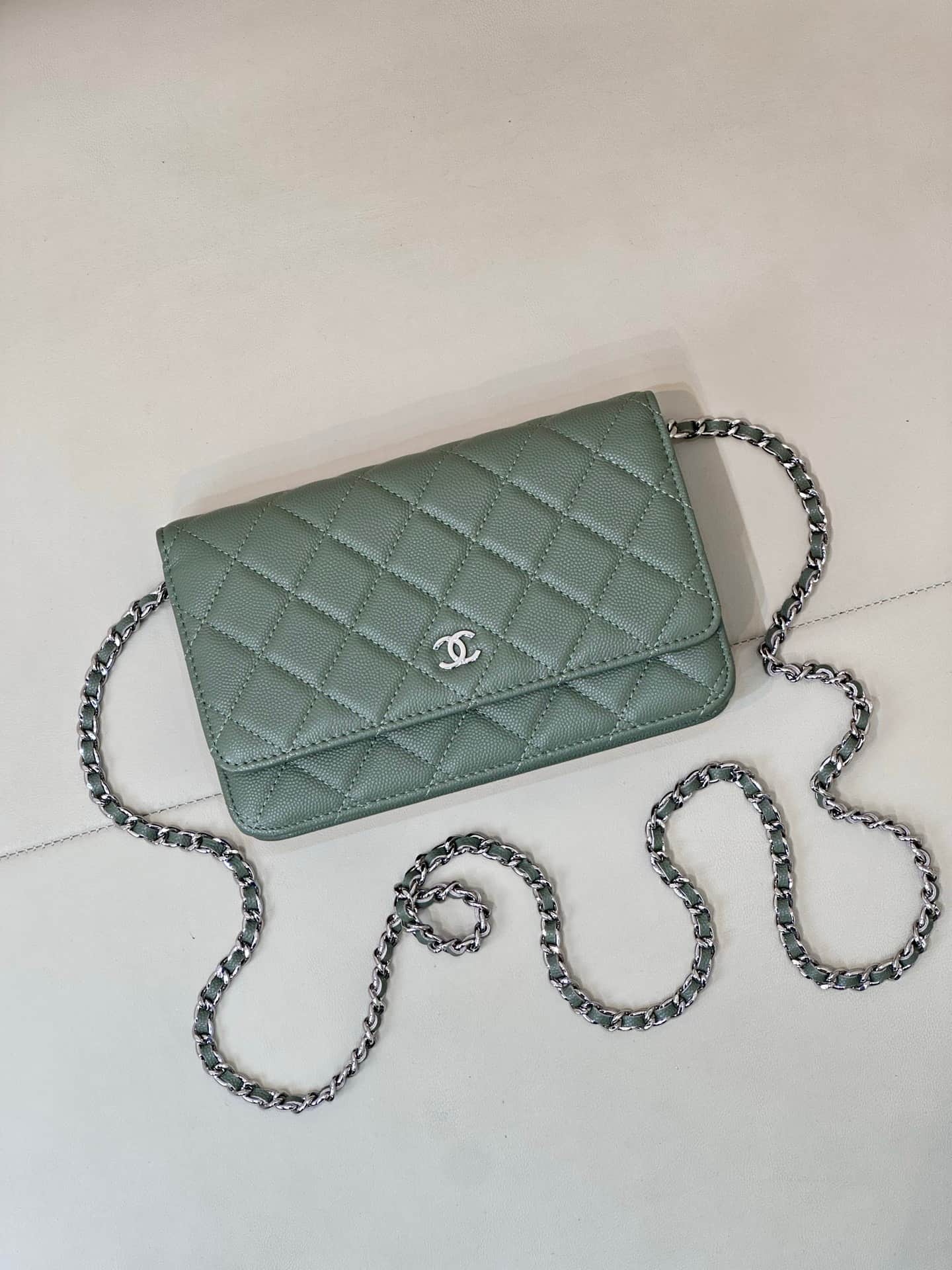 Chanel Wallet on Chain Grained Calfskin& Sliver-tone Metal AP0250 Green TOP