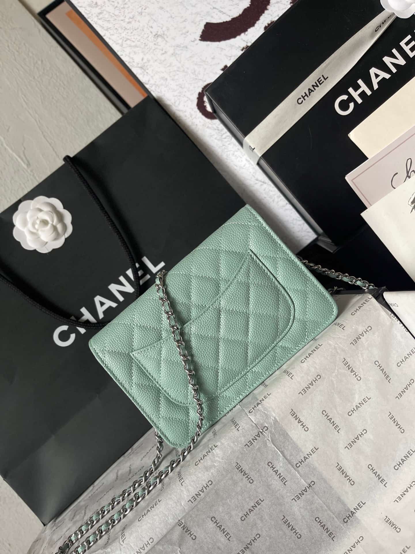 Chanel Classic Wallet on Chain Grained Shiny Calfskin & Silver-Tone Metal AP4241 Light Green A