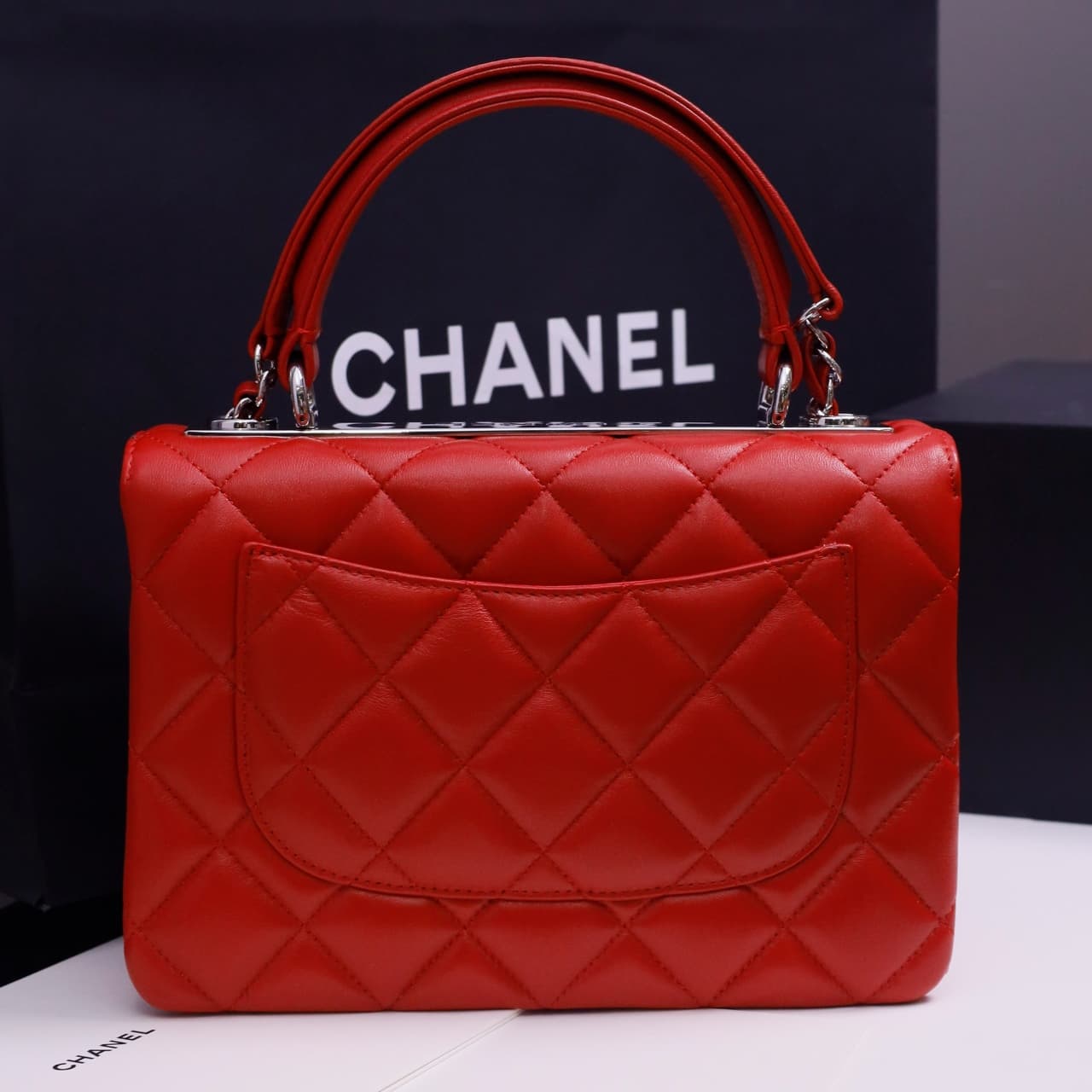 SMALL FLAP BAG WITH TOP HANDLE Lambskin Silver Metal Red A