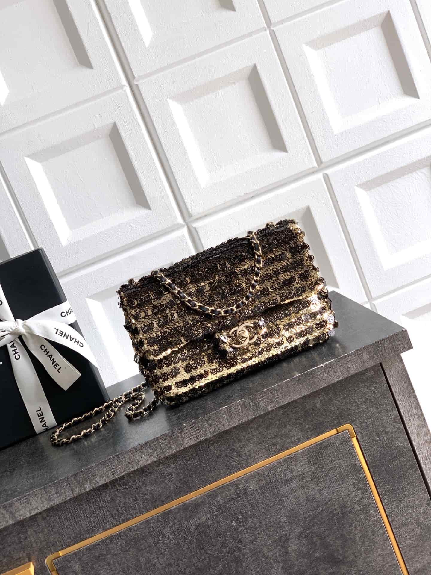 Chanel Classic Mini Flap Bag Sequin Embroidery & Gold-Tone Metal Dark Gold 6171 A