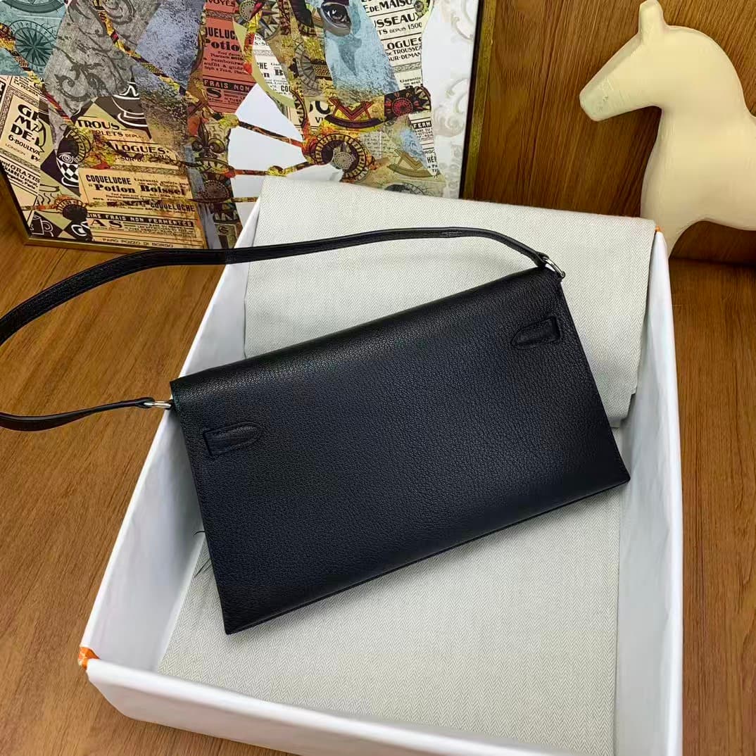 Hermes Kelly Elan  Madame Leather Black Silver-Metal Ostrich Feathers WAX High Customized Style