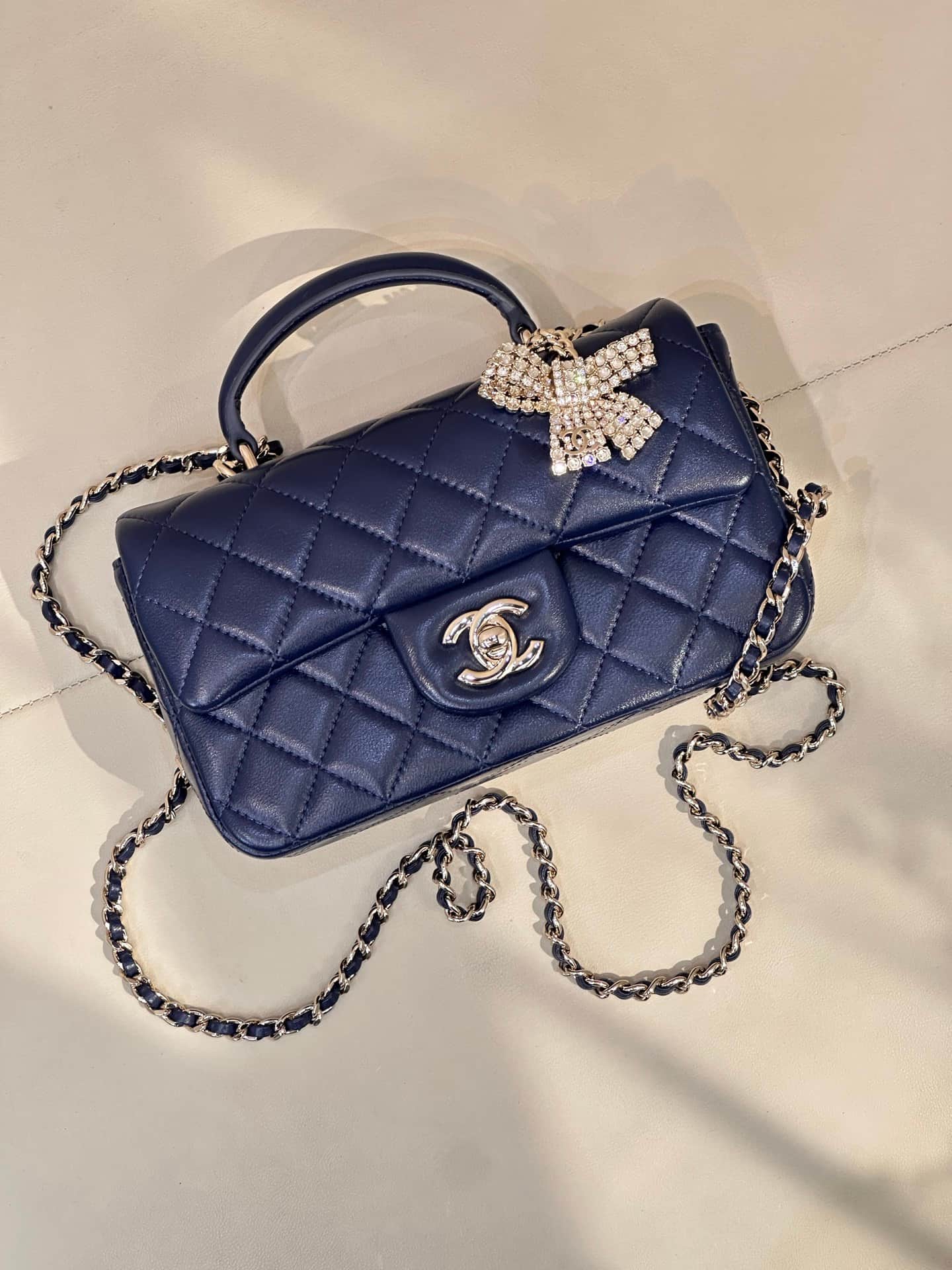 Chanel Mini Classic Handbag Lambskin Strass & Gold-Tone Metal AS2431 dark blue TOP