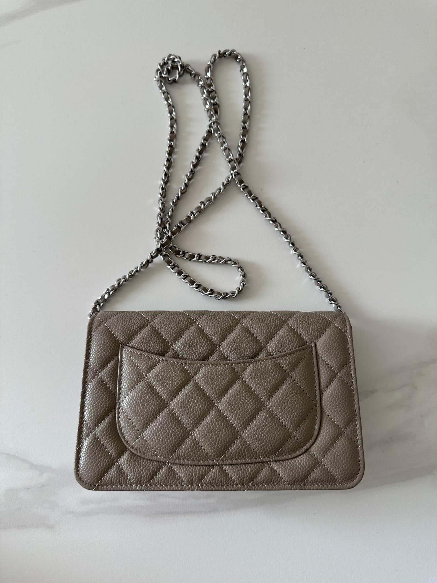 Chanel Classic Wallet on Chain Grained Shiny Calfskin & Silver-Tone Metal AP4241 Grey High