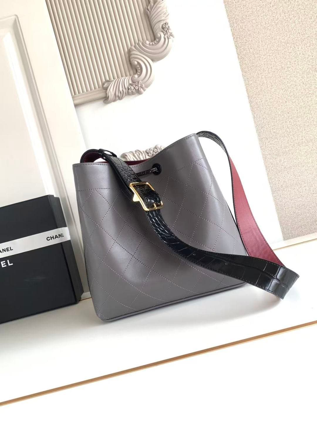 Chanel Bucket Bag Calfskin Leather & Gold-Tone Metal Grey AS6584 A
