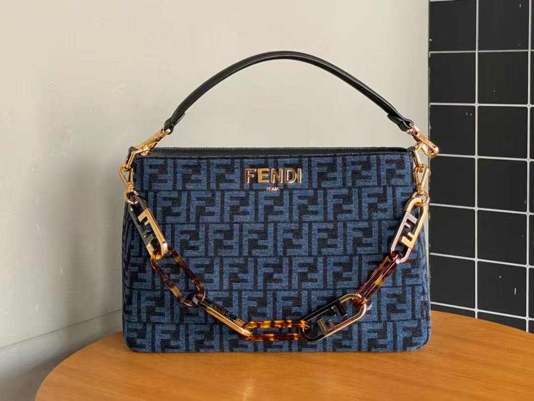 Fendi O'Lock Zip Shoulder Bag in Blue Zucca Chenille High