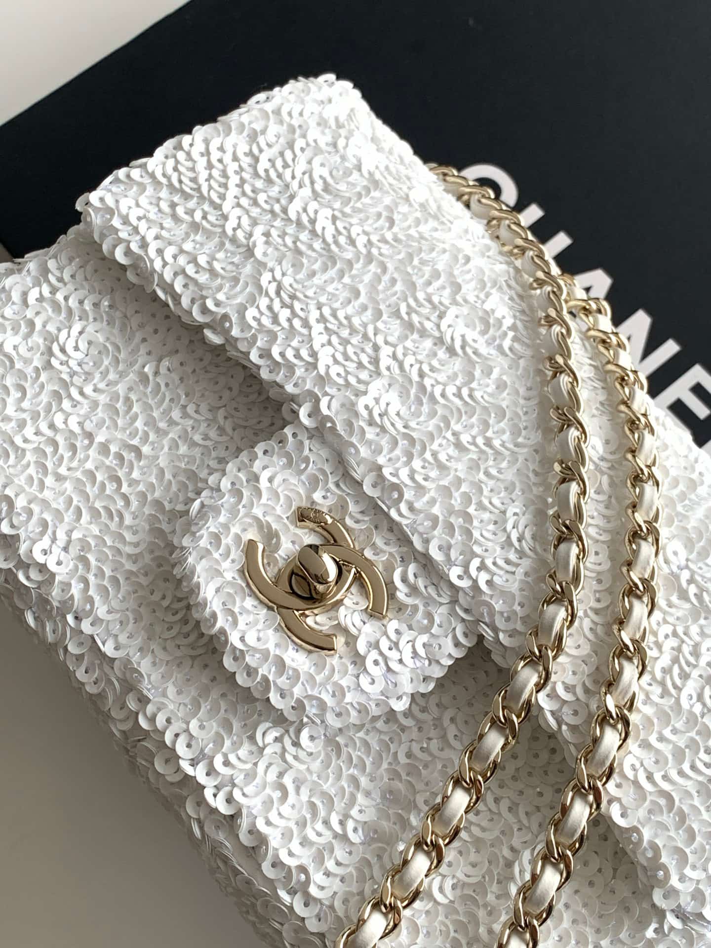 Chanel Flap Bag Sequins & Gold-Tone Metal AS4561 White A