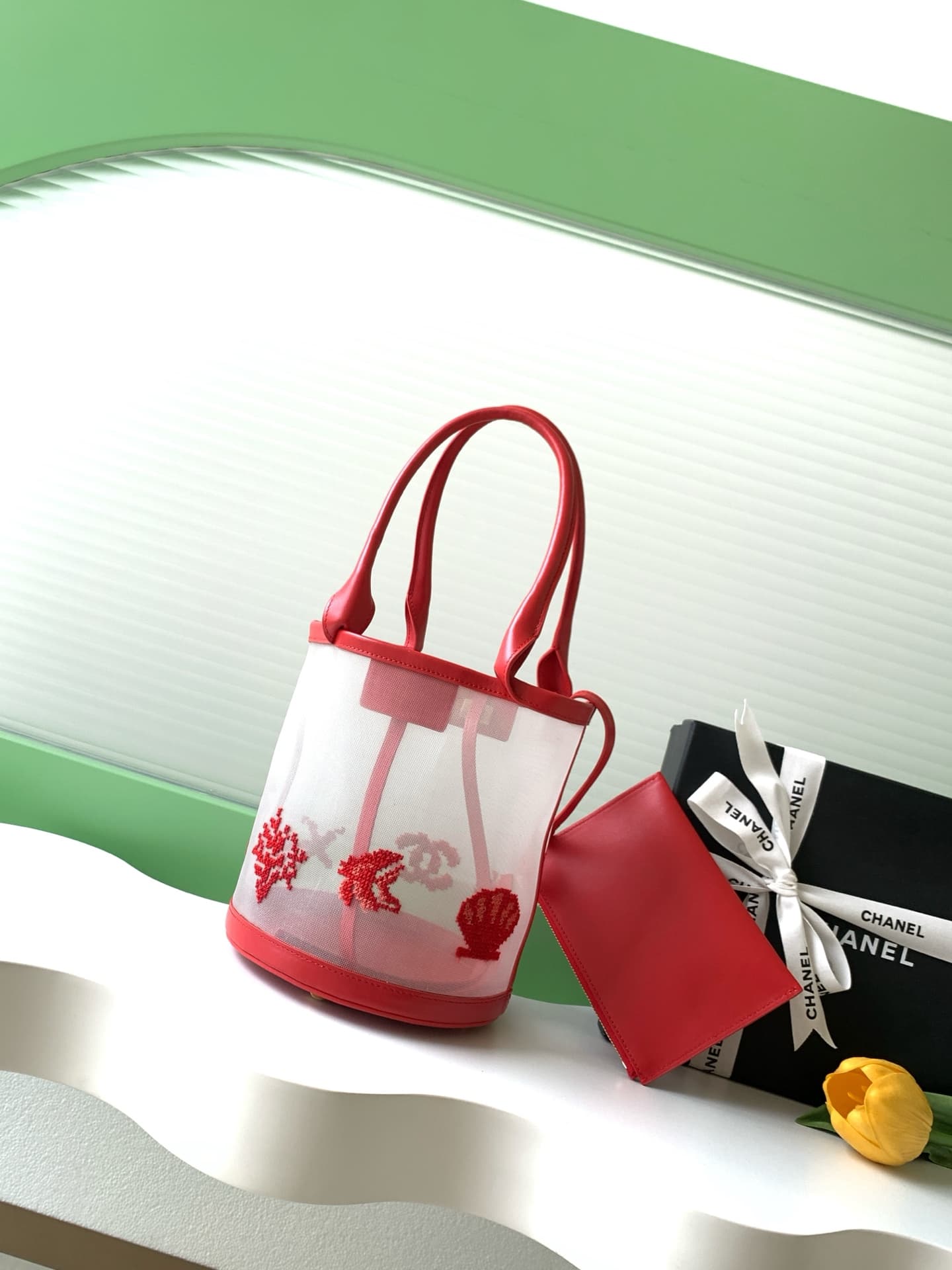Chanel Coco Beach Large Bucket Bag Embroidered Mesh & Calfskin Transparent & Red AS6189 A