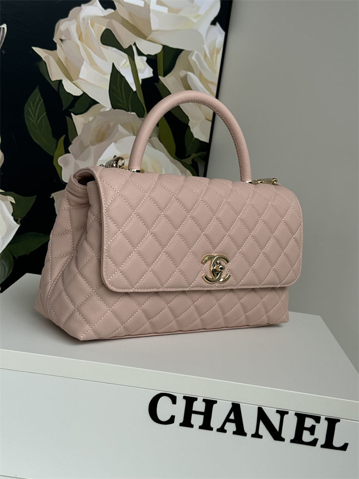 Medium FLAP BAG WITH TOP HANDLE Grained Calfskin Pink-binding Gold Metal High