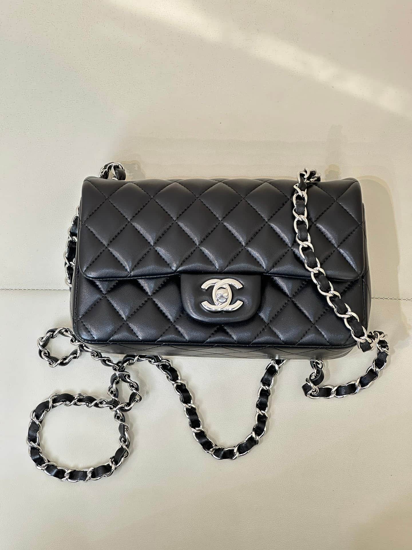 CHANEL Mini Classic Handbag Lambskin & Silver-Tone Metal A69900 Black TOP