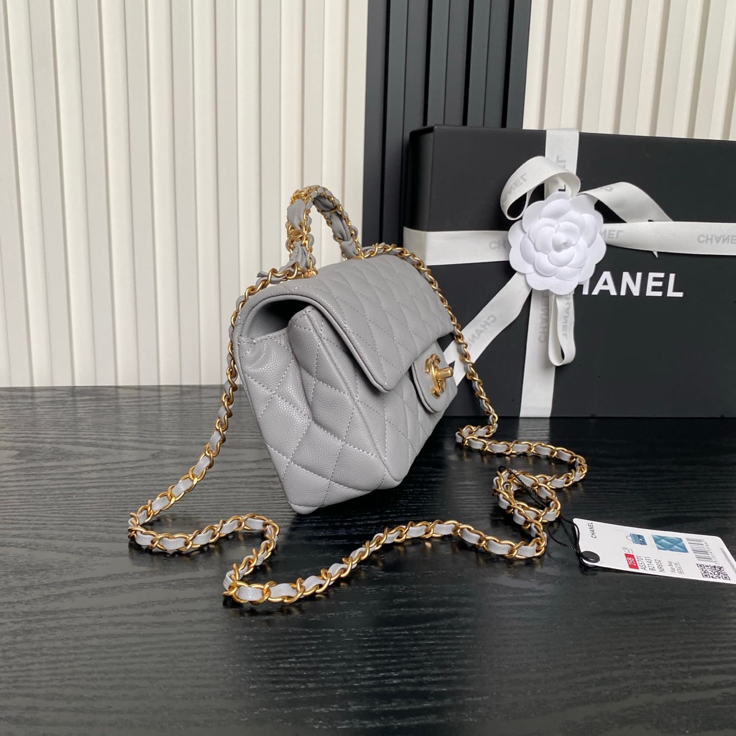 Chanel Mini Flap Bag with Top Handle Grained Shiny Calfskin & Gold-Tone Metal Grey AS5701 A