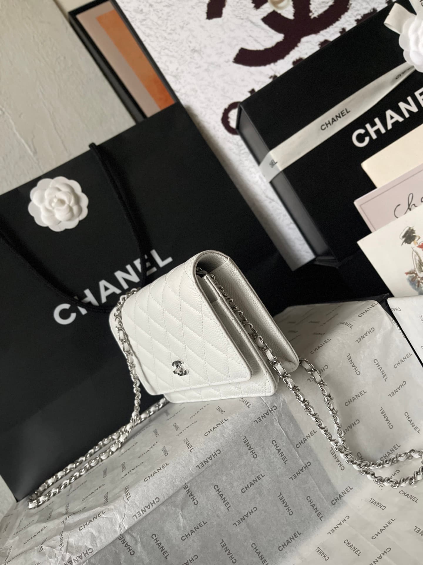 Chanel Classic Wallet on Chain Grained Shiny Calfskin & Silver-Tone Metal AP4241 White A