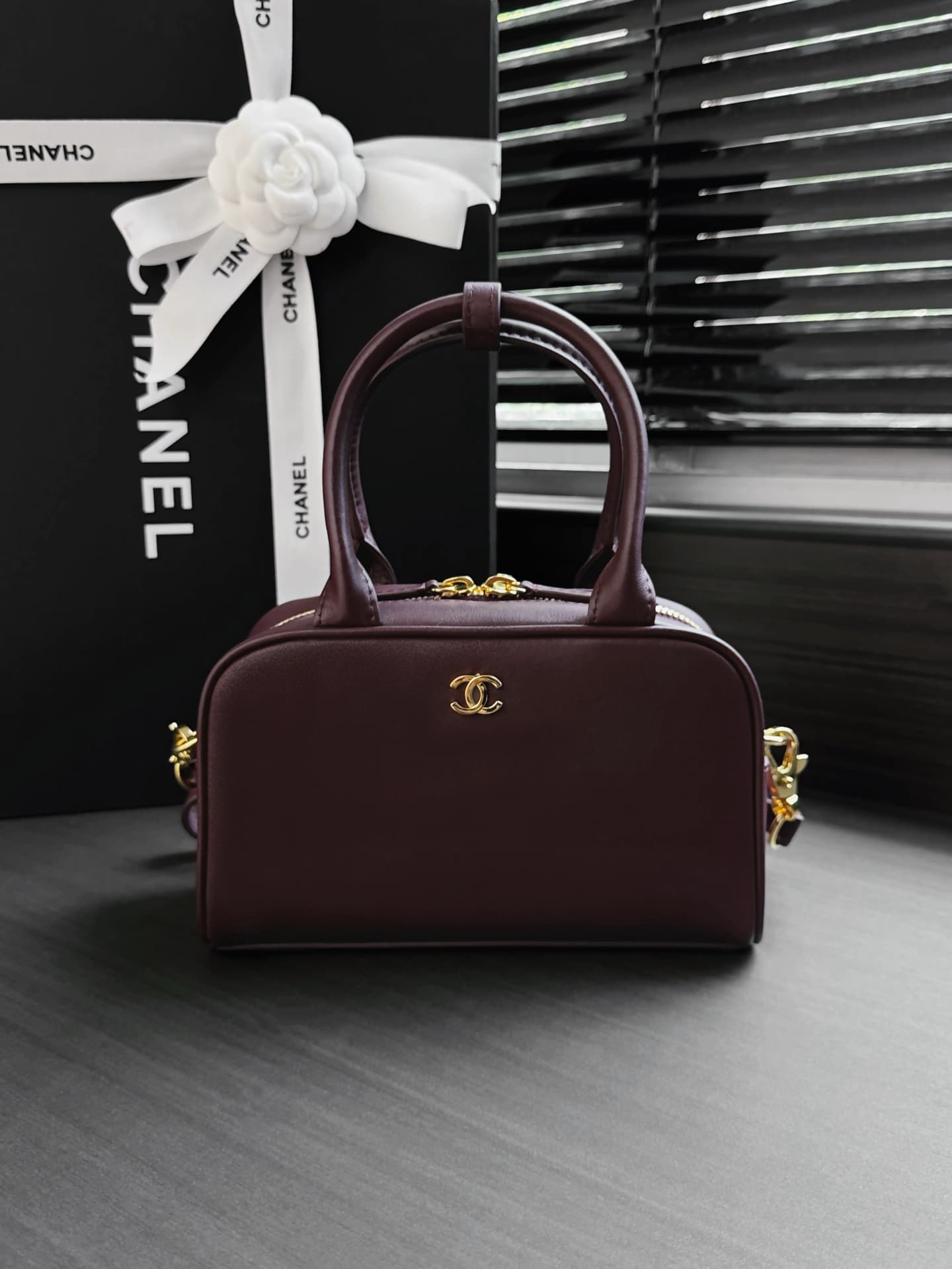 Chanel Mini Bowling Bag Calfskin & Gold-Tone Metal Burgundy AP5528 A