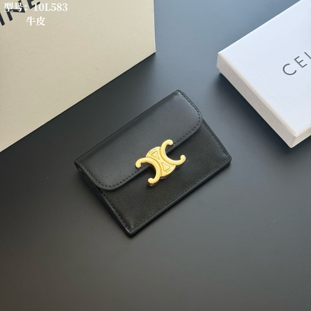 Celine Triomphe Flap Card Holder in shiny black calfskin High