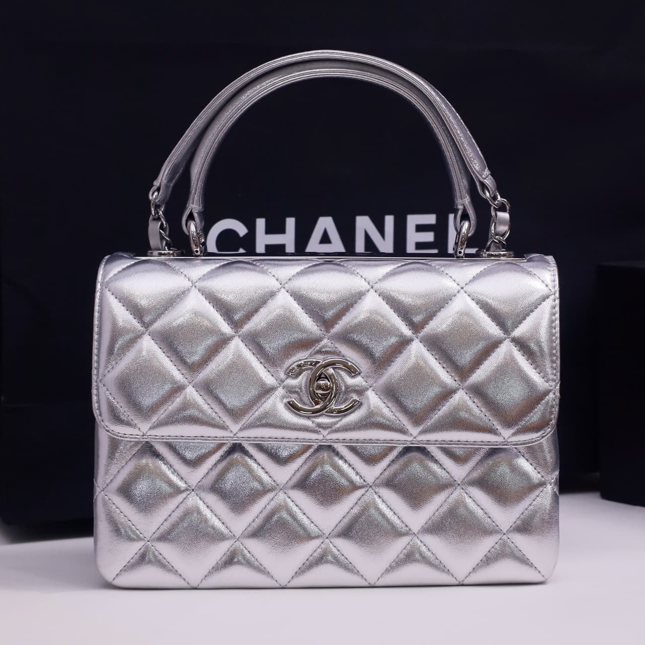SMALL FLAP BAG WITH TOP HANDLE Lambskin Silver Metal Silver A