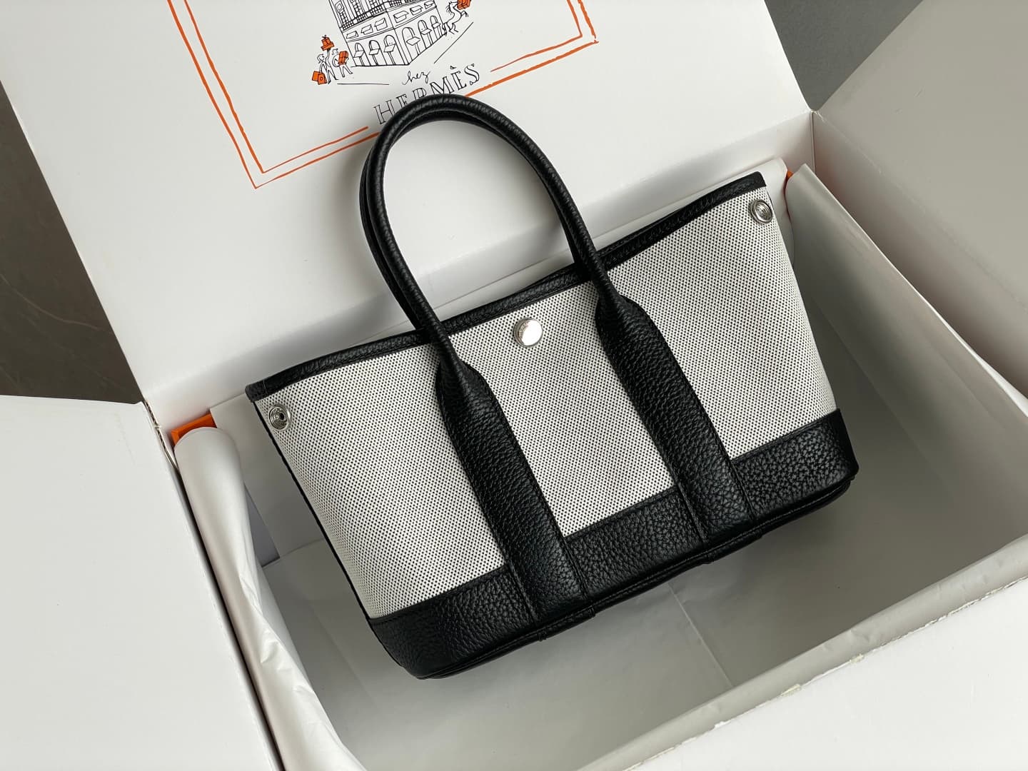 Hermes Garden Party 23 bag in Black Togo Leather With Canvas WAX High
