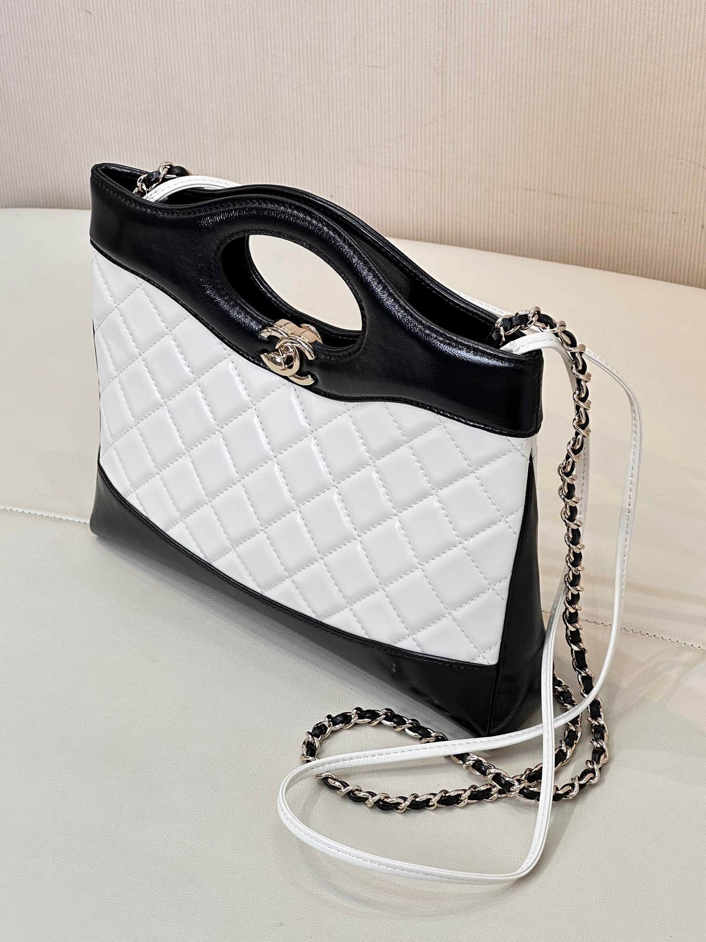 CHANEL 31 Mini Shopping Bag Shiny Lambskin & Gold-Tone Metal AS4133 Black/White TOP