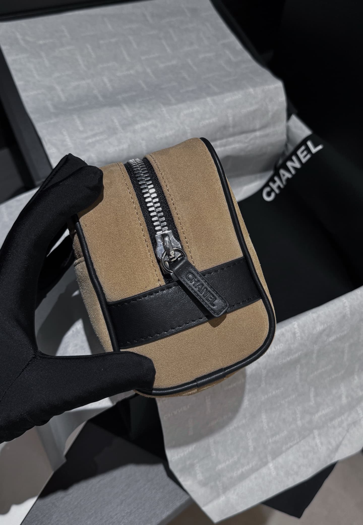 Chanel Small Zipped Pouch Suede Calfskin Beige AP5266 A