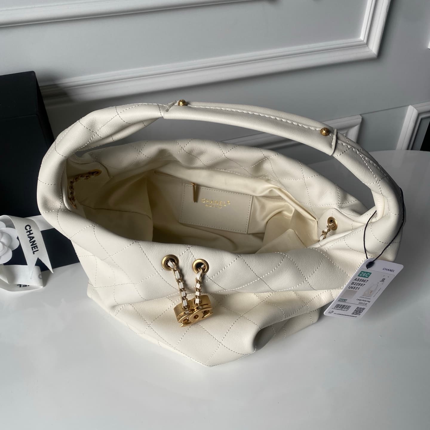 Chanel Hobo Handbag Calfskin & Gold-Tone Metal AS5967 White A