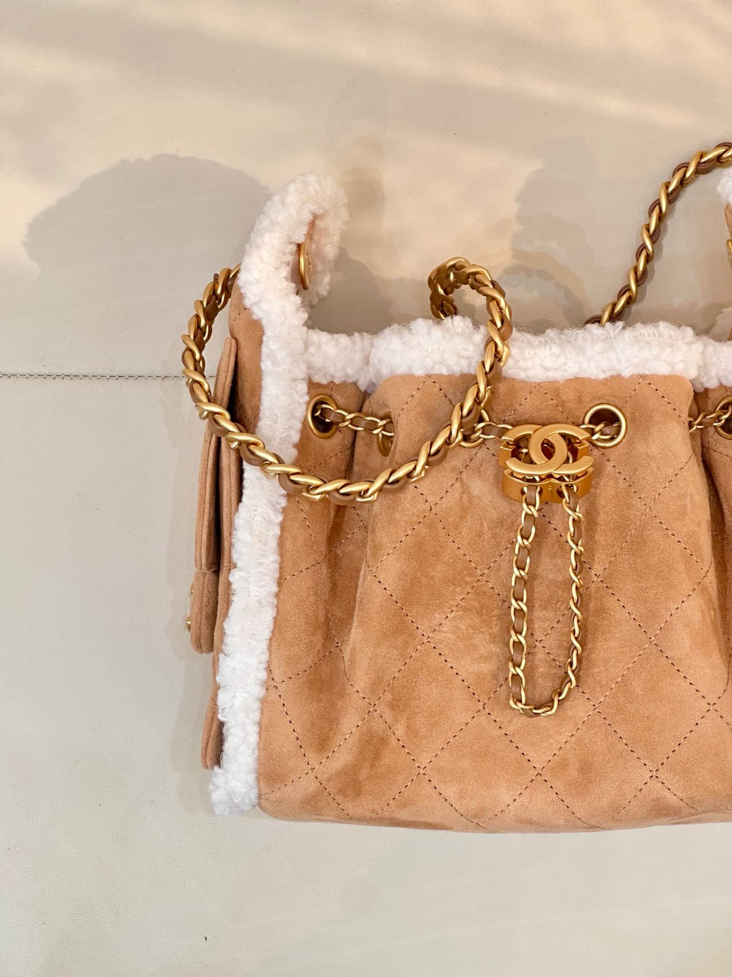 CHANEL 25 Mini Handbag AS5631 Suede &Shearling &Gold-tone Metal Beige TOP