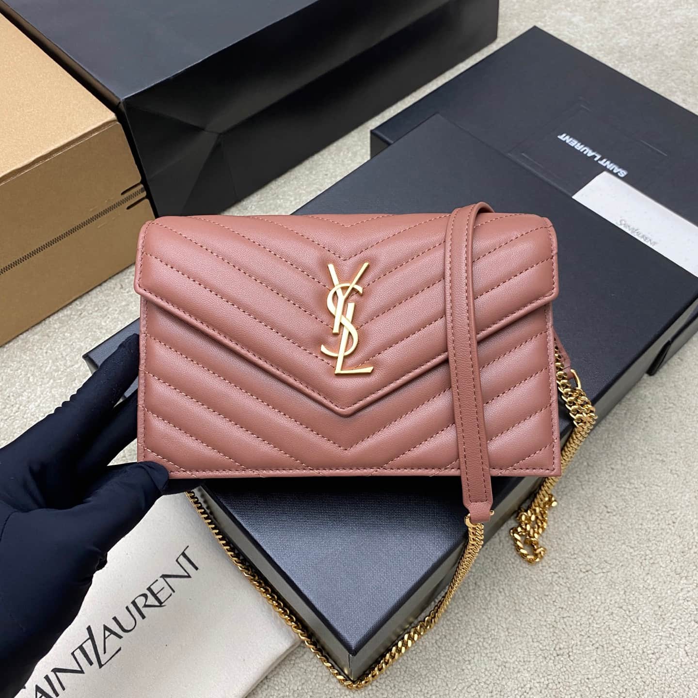 Saint Laurent Monogram Matelassé Cassandre Wallet on Chain Ice Plum Pink Lambskin 393953 High