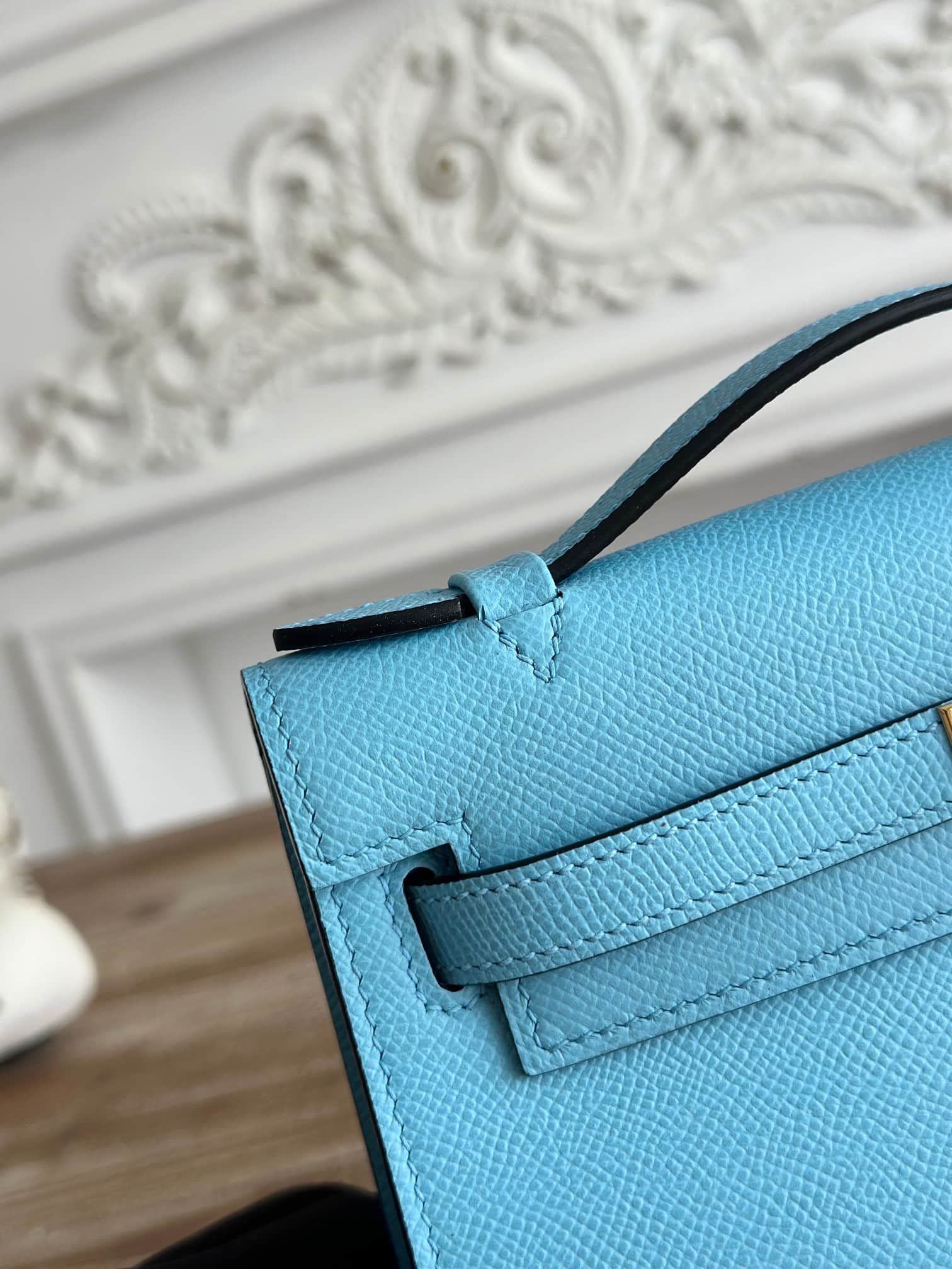 Hermes Kelly Pochette Bag Epsom Leather Silver/Gold Metal Celeste WAX High