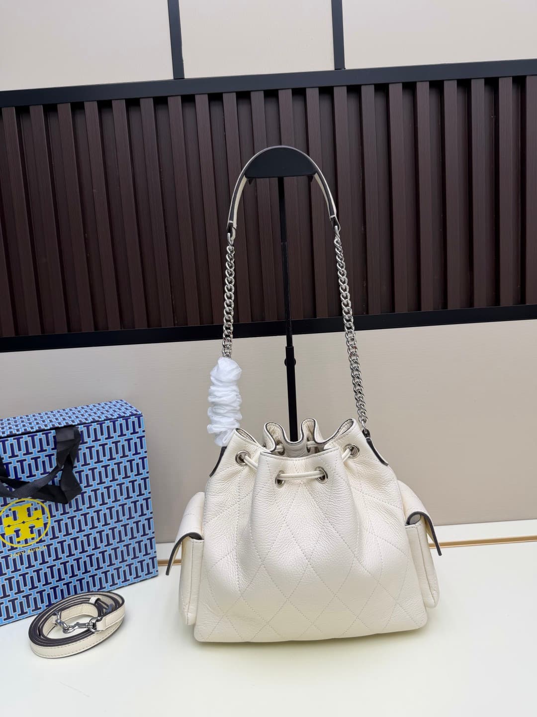 Tory Burch Charlie Quilted Drawstring Shoulder Bag White Leather High
