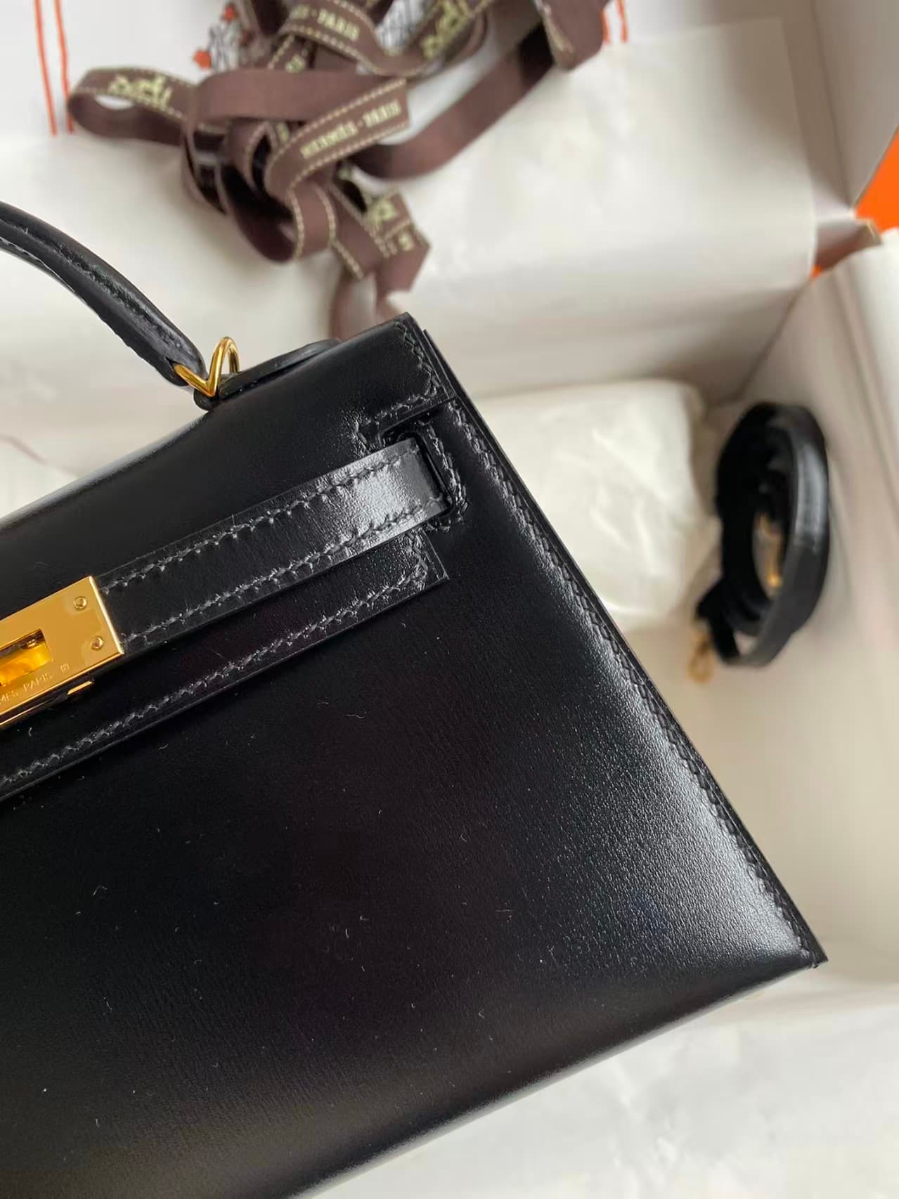 Hermes Kelly Mini II Bag Box Leather WAX Silver/Gold Metal Black High