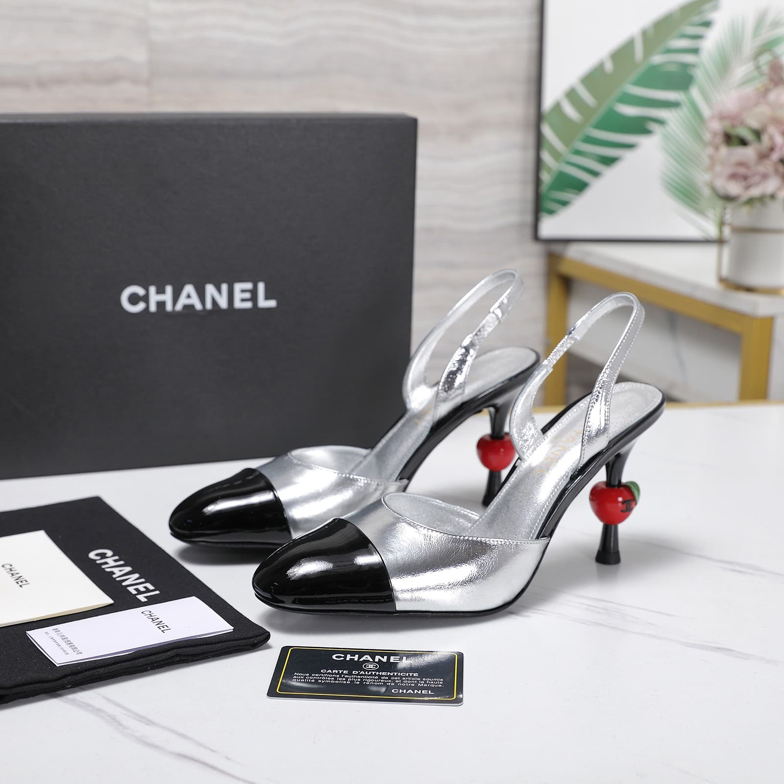 Chanel Lambskin Patent Cap Toe CC Slingback Pumps