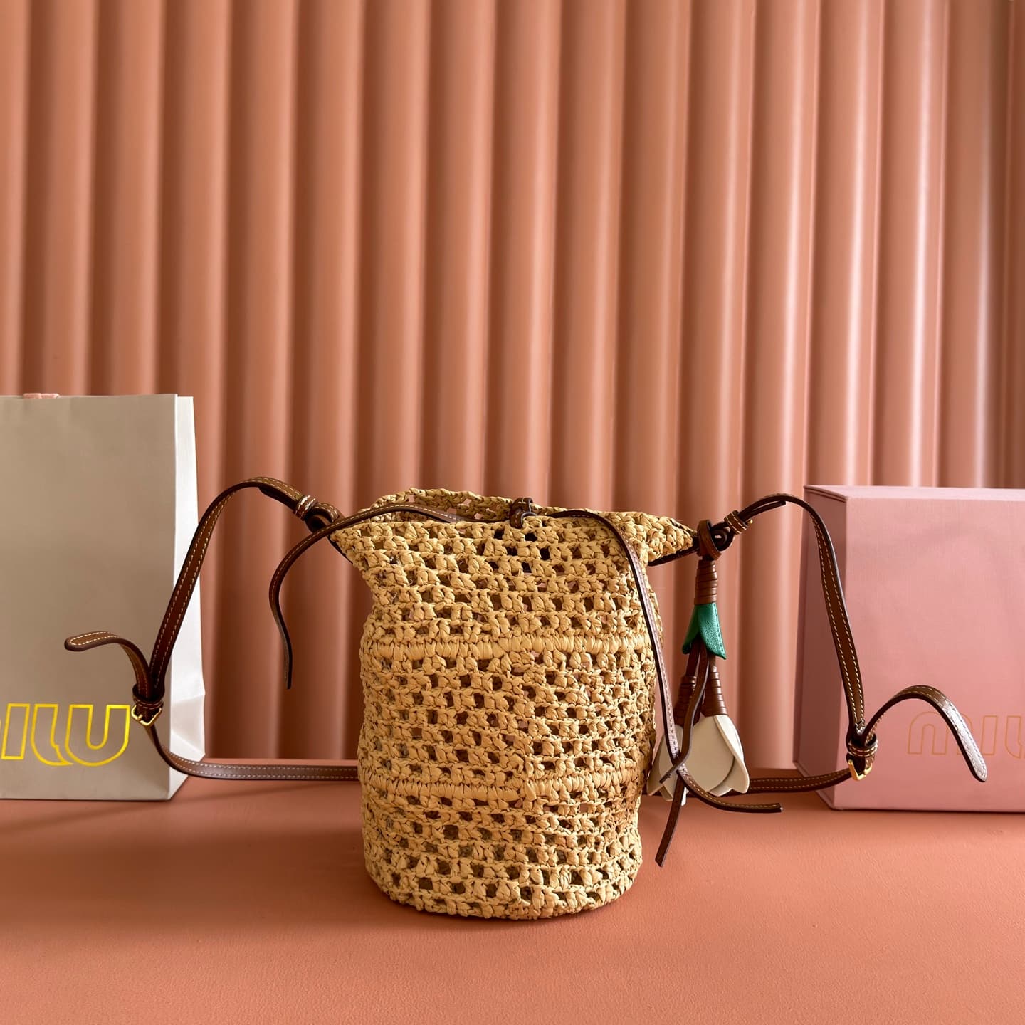 Miu Miu Raffia Crochet Drawstring Pouch 5BE104 TOP