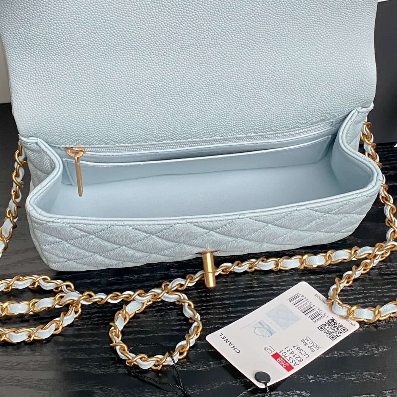 Chanel Mini Flap Bag with Top Handle Grained Shiny Calfskin &  Gold-Tone Metal Blue AS5702 A