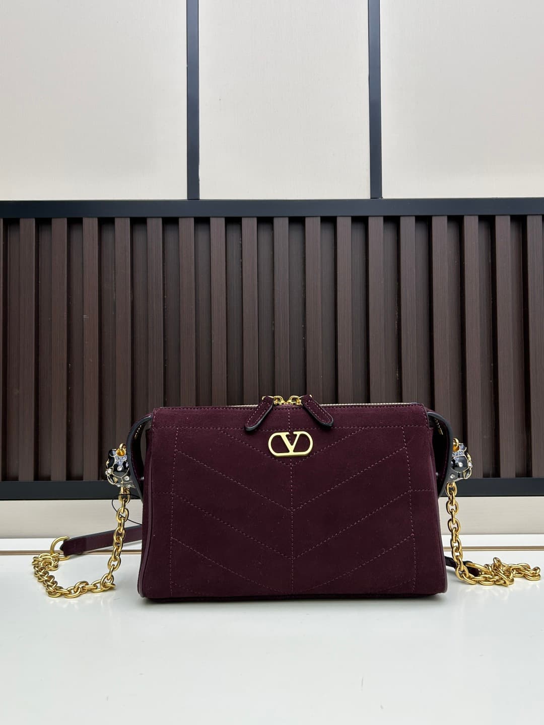 Valentino VLogo Garavani Panthea Shoulder Bag Burgundy Suede Mid