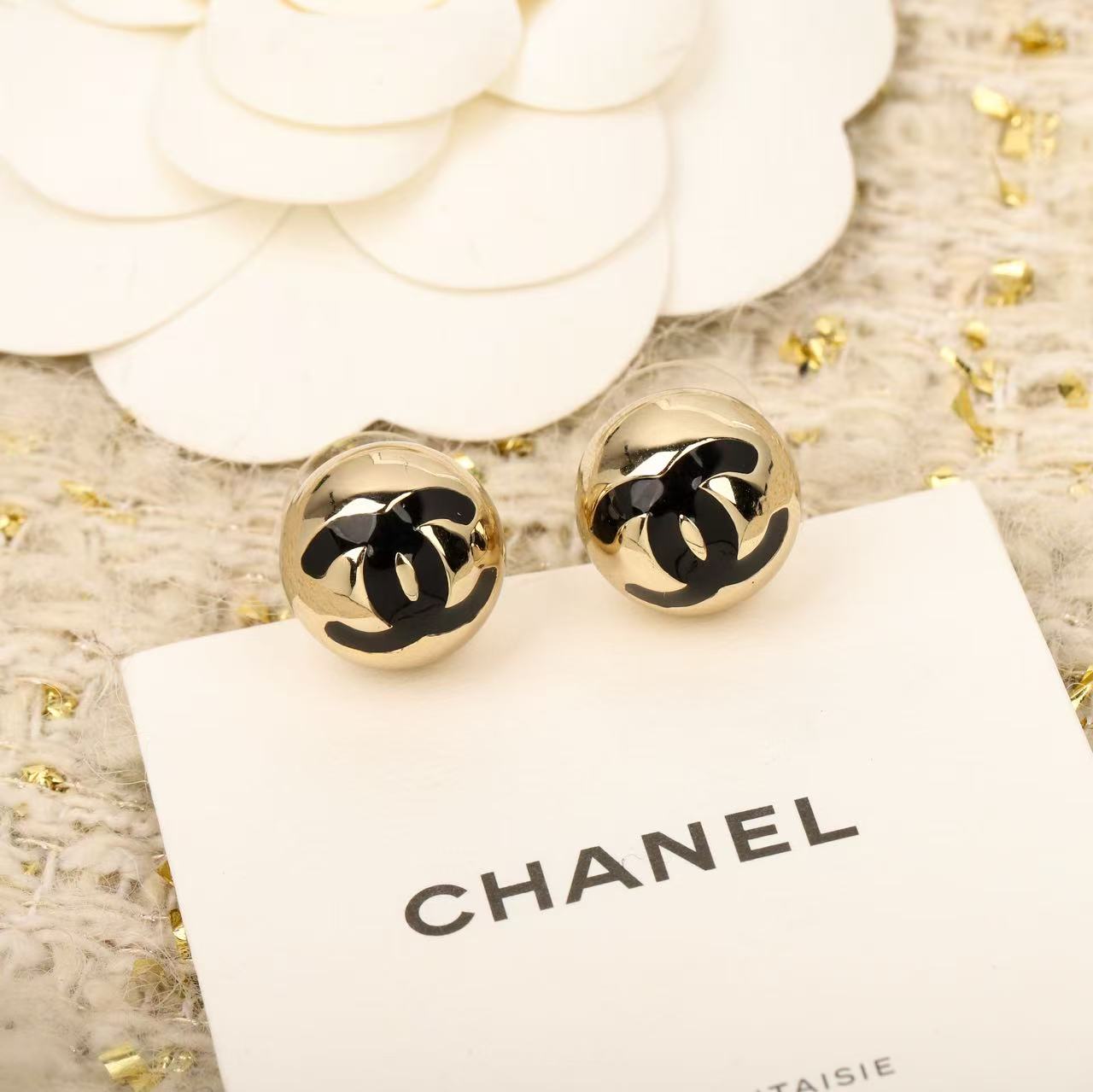 Chanel Metal Enamel CC Round Dome Earrings
