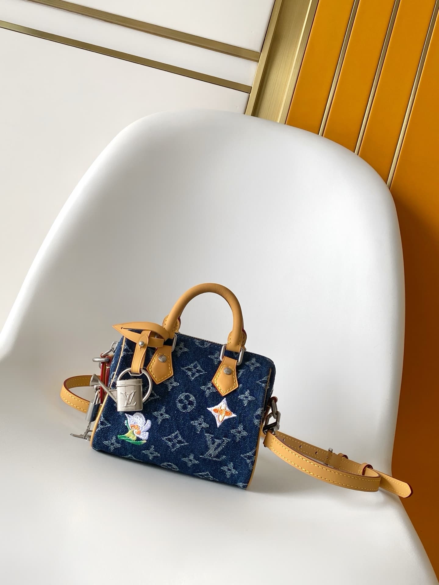 Louis Vuitton Speedy 18 Bandoulière Blue Monogram Flowers Denim M27557 High