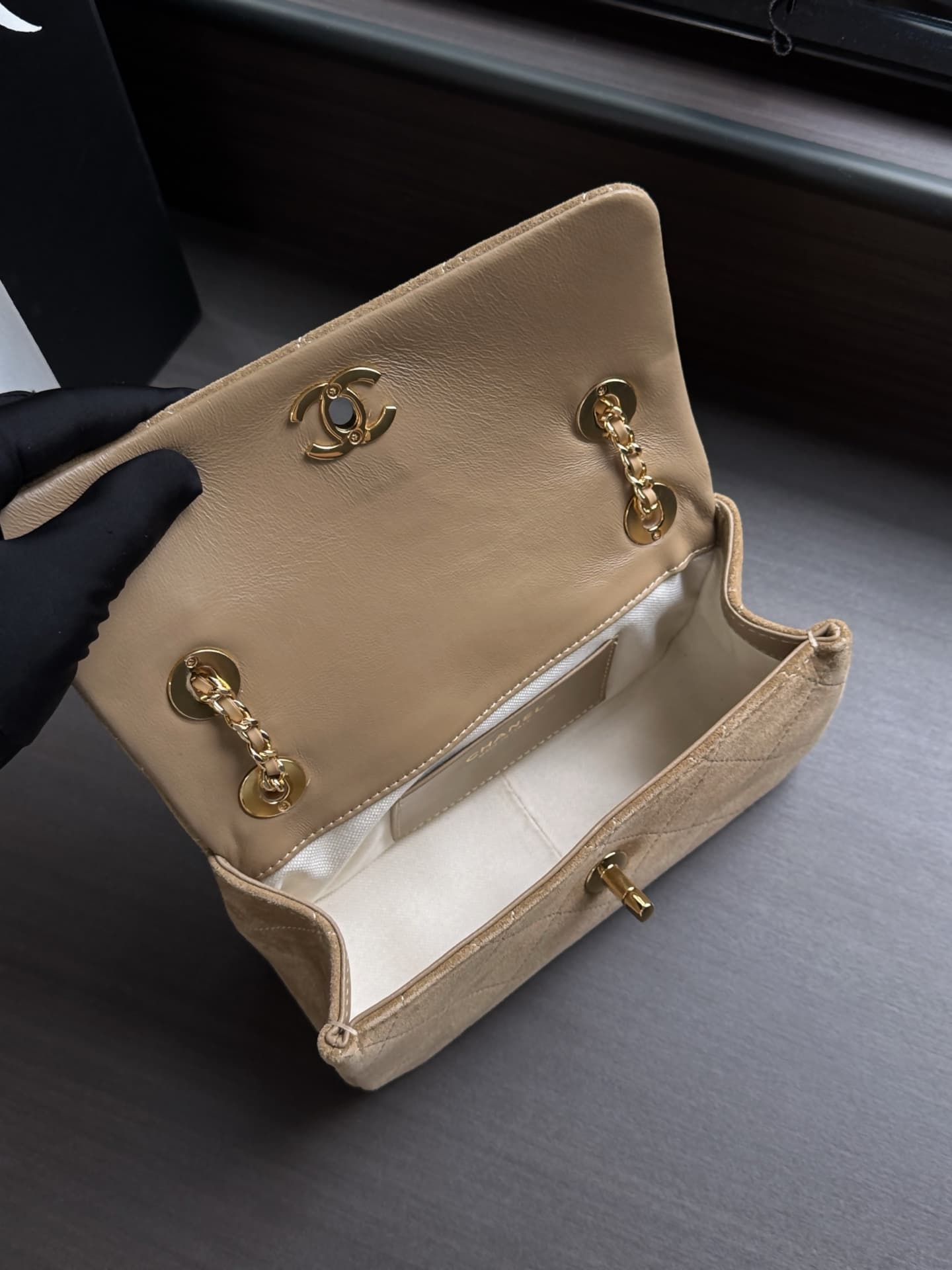 Chanel Flap Bag Suede Calfskin & Gold-Tone Metal Beige AS6449 A