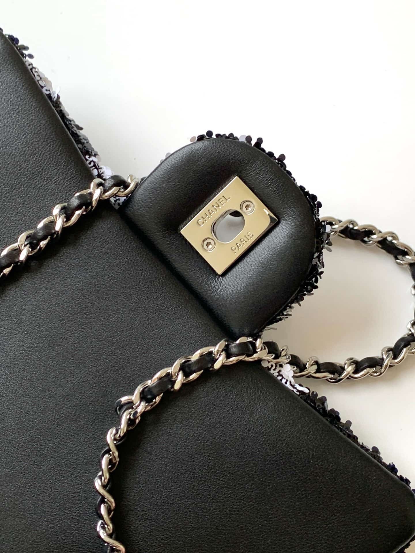 Chanel Classic Mini Flap Bag Sequins Embroidery & Gold-Tone Metal Black White 6171 A