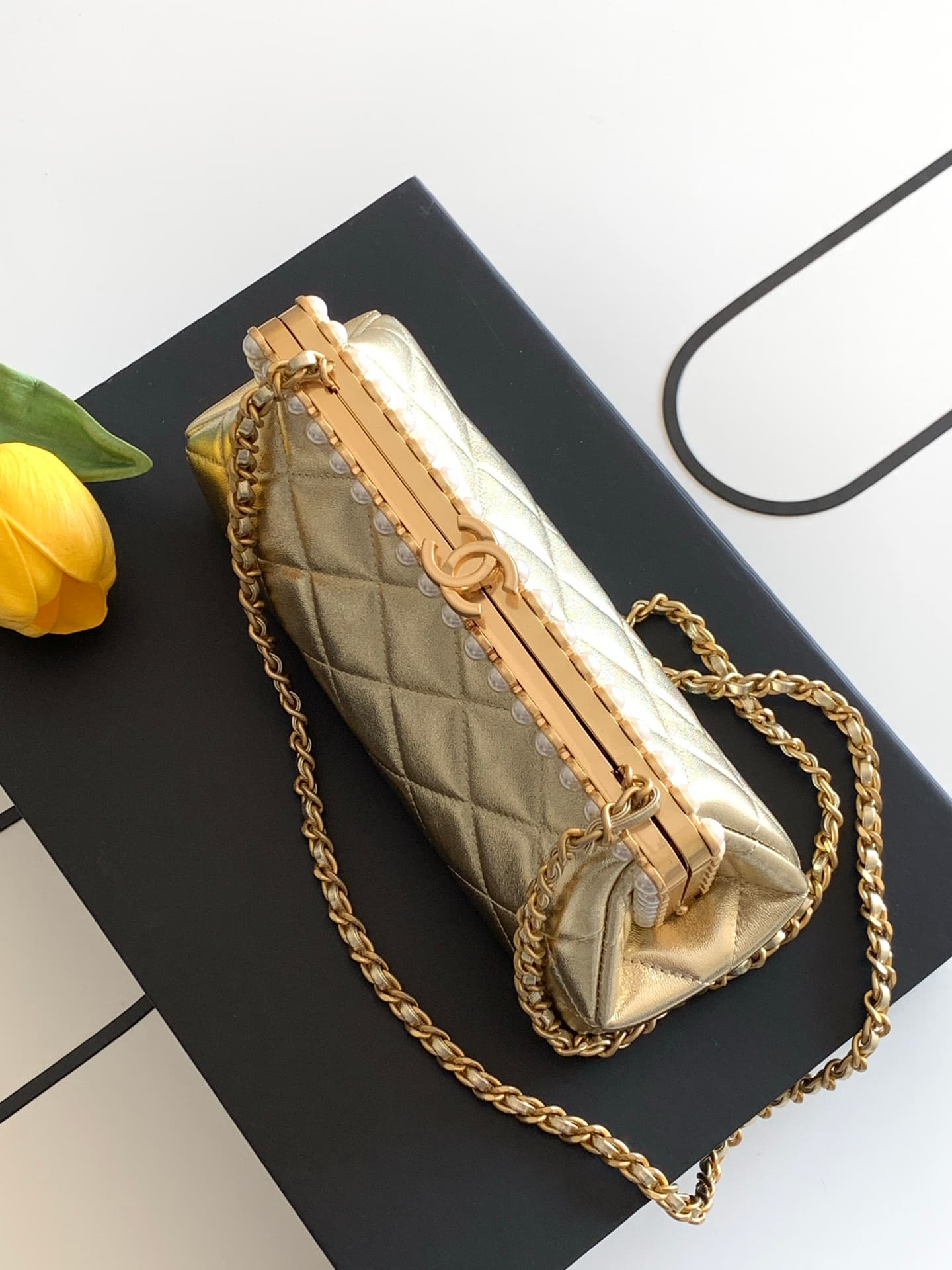 Chanel Pearly Lambskin Imitation Pearls & Gold-Tone Metal Champagne Gold AS5912 A