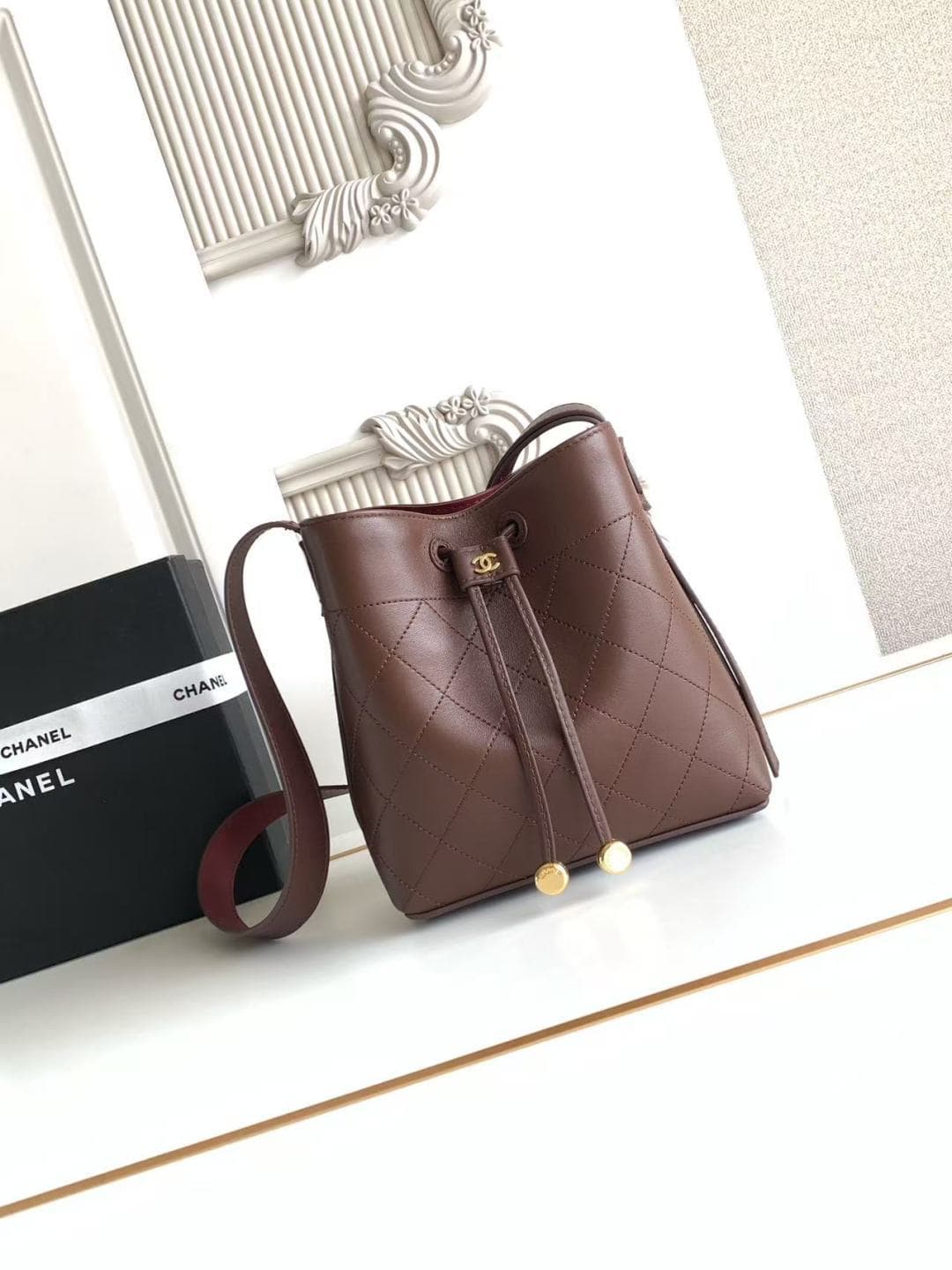 Chanel Small Bucket Bag Calfskin Leather & Gold-Tone Metal Dark Brown AS6537 A