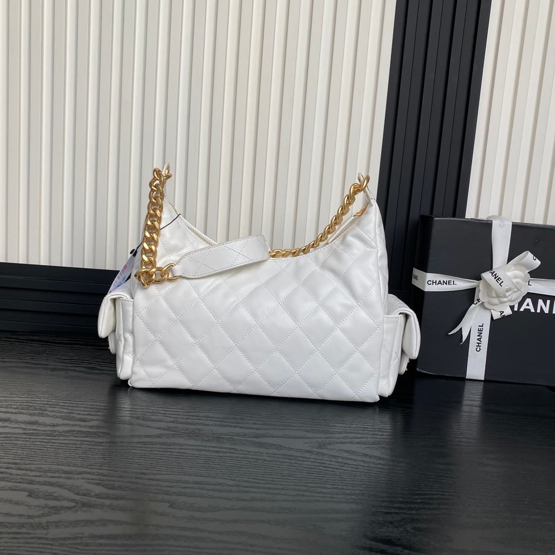Chanel Trendy Pockets Hobo Bag Lambskin & Gold Metal White AS5302 A