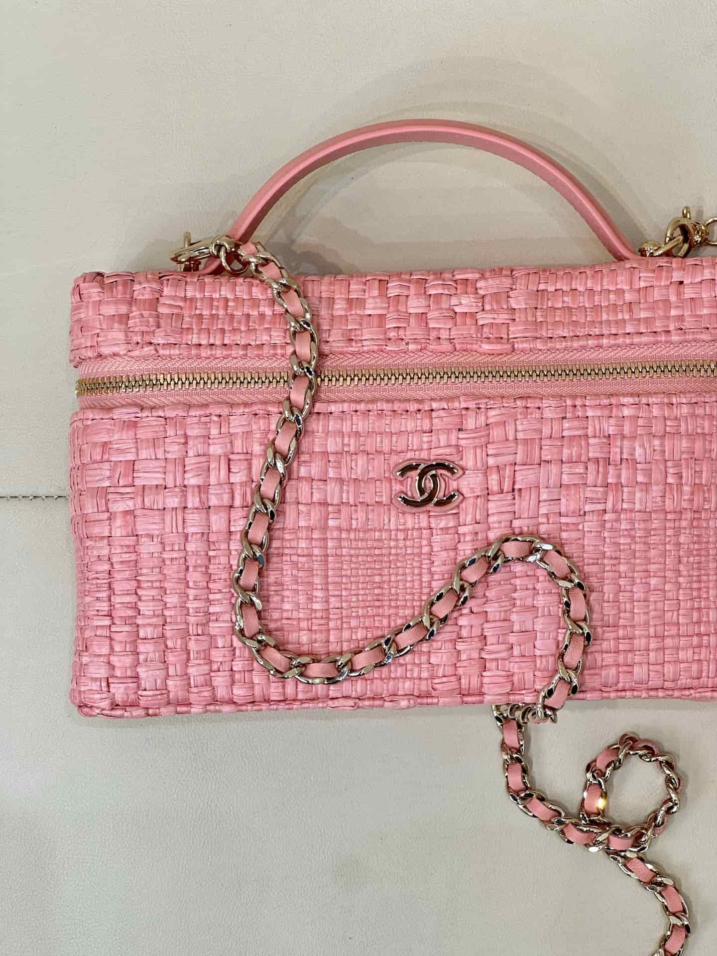 Chanel Classic Vanity with Chain Braided Raffia & Gold-Tone Metal Pink AP4385 TOP