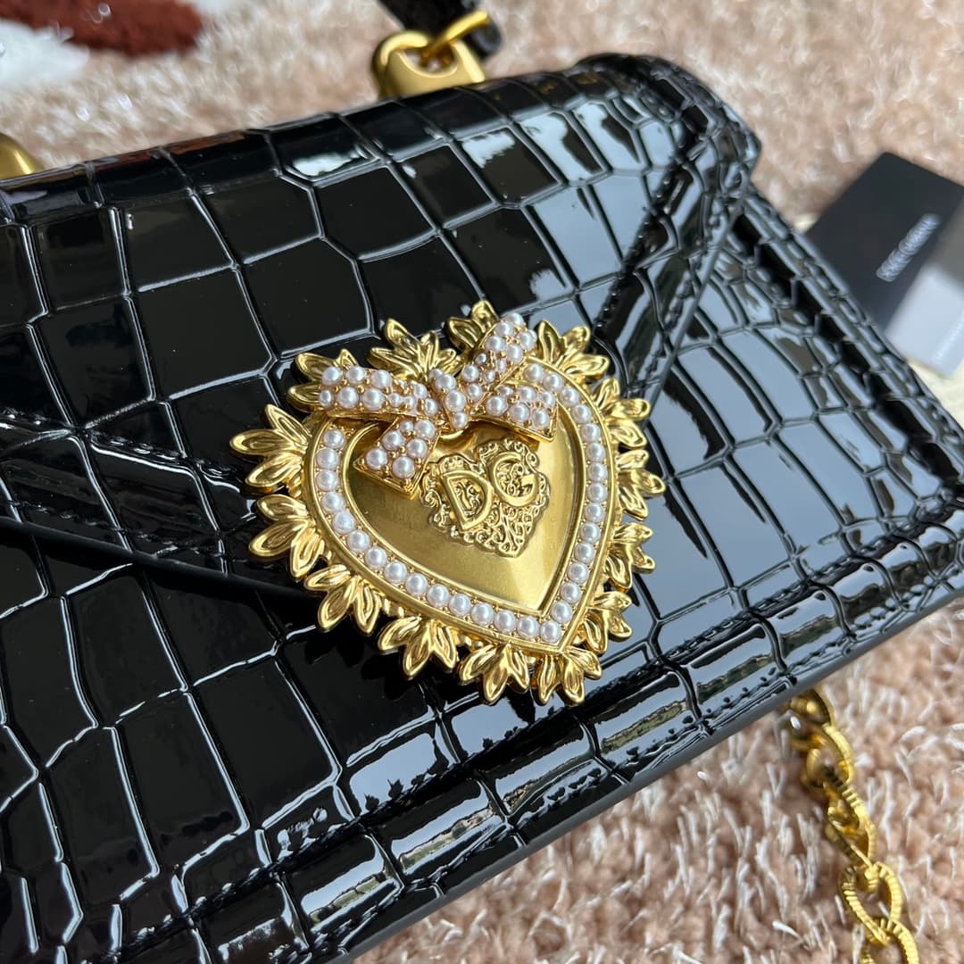 Dolce & Gabbana Small Devotion bag in crocodile-effect calfskin Black High